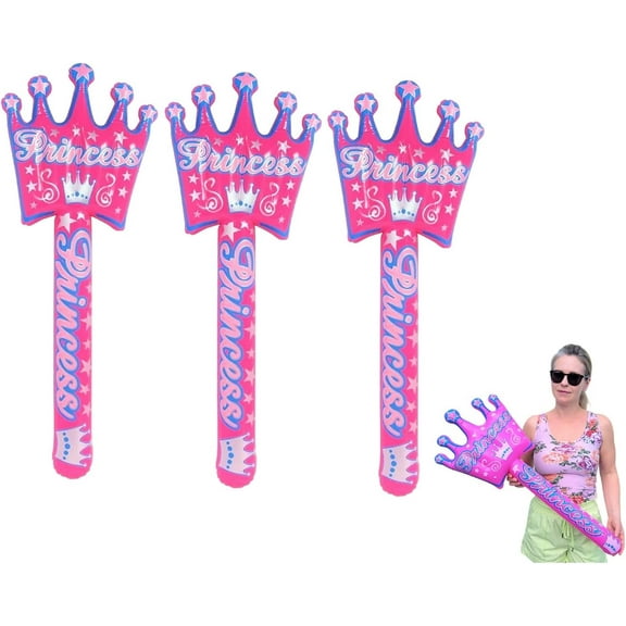 4" Princess Crown Shape Pink Wand INFLATE (3 Pack) Great Royal Themed Birthday Party Favor Prop.