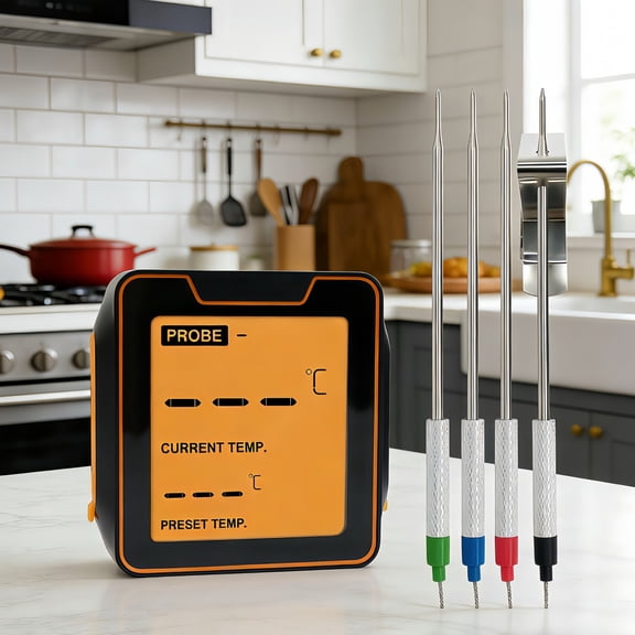 4 Probes Digital Meat Thermometer 328FT BBQ Food Thermometer For Cooking, Grilling, Baking, Oil, Oven Orange Noir