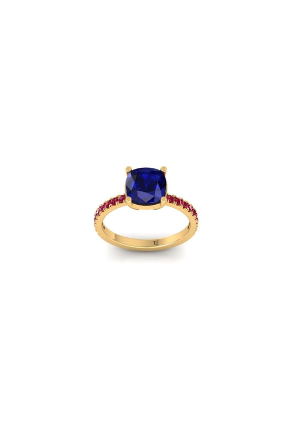4 Prong Cushion Cut Blue Sapphire Engagement Wedding Ring for Women, 14K Yellow Gold Plated