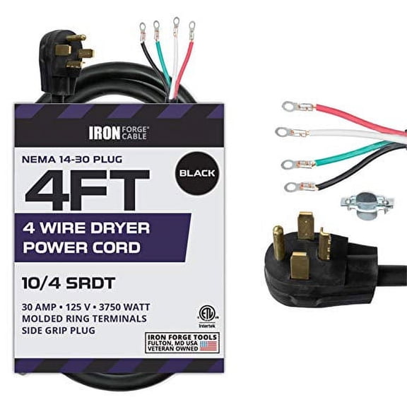 Iron Forge Cable 4 Prong Dryer Cord 4 ft, Black 10/4 NEMA 14-30 Plug 30 Amp Extension Cord 4 Foot for Dryer & EV with Ring Terminals, 125V/250V SRDT