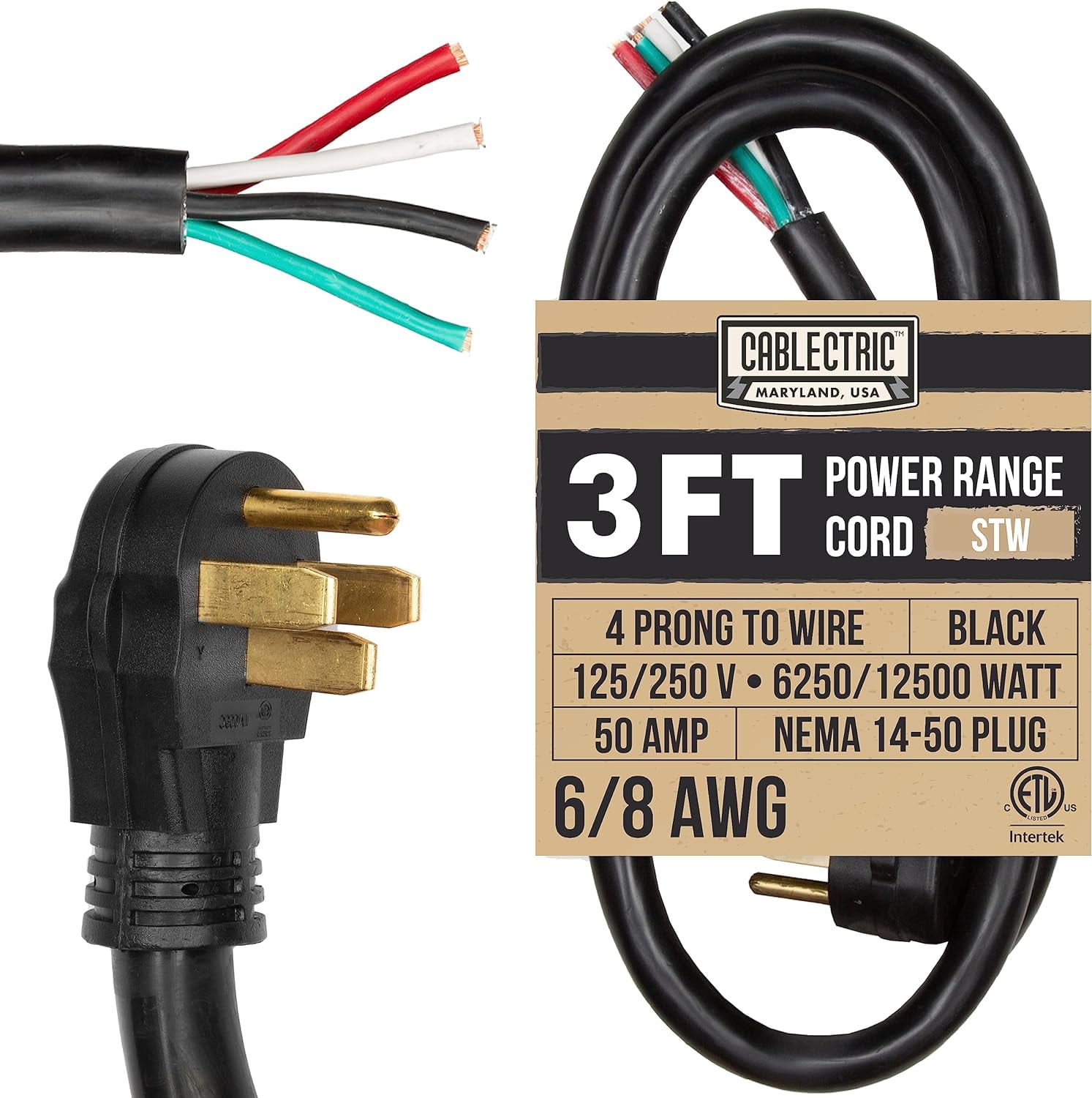 4 Prong Range Cord, 3 Foot Heavy Duty 6/8 AWG 50 Amp Cable, NEMA 14