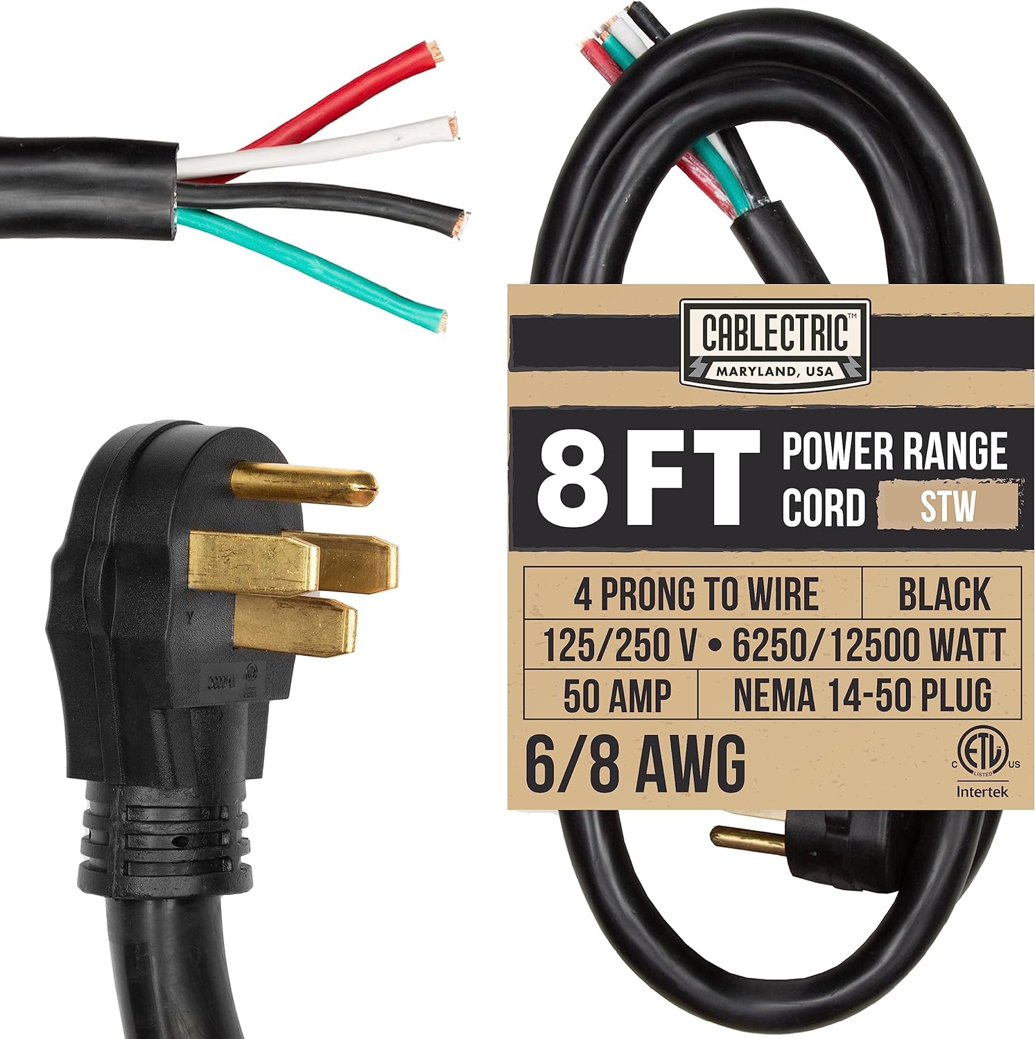 4 Prong Range Cord, 8 Foot Heavy Duty 6/8 AWG 50 Amp Cable, NEMA 14