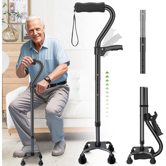 4 Prong Walking Canes for Women & Men,Quad Cane Base for Stability|2 Handle | Collapsible,Heavy Duty Walking Sticks Lightweight, Self Standing CanePerfect for Seniors Balance Assistanceholds 330lbs