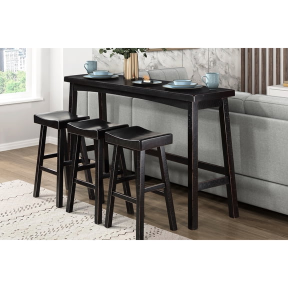 4 Pub Height Table And Stool - Black Finish Solid Wood Transitional Dining For Utility Room