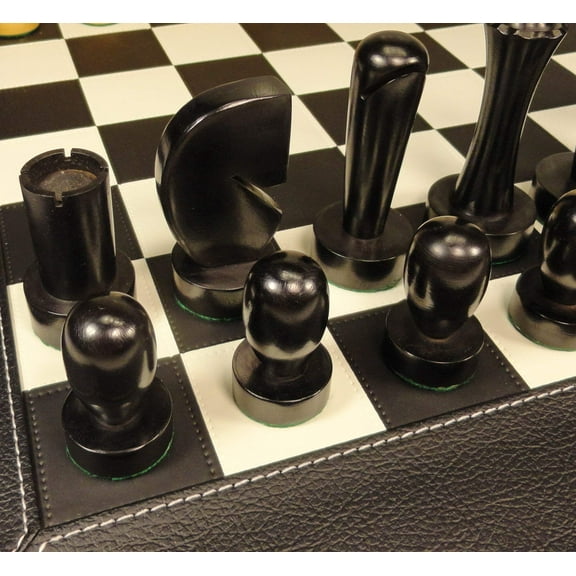 4 Q Staunton MODERN BERLINER Wood Chess Set 18" Black White Faux Leather Board