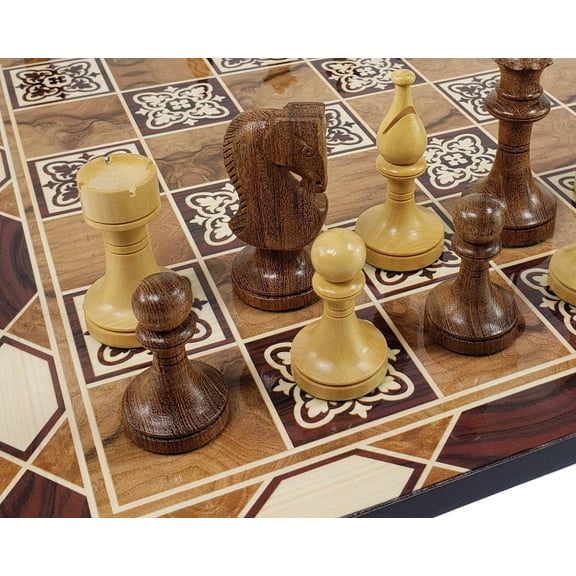 4 QN Acacia 3 1/2" King Staunton Wood Chess Pieces Set 17" Burlwood Color Board