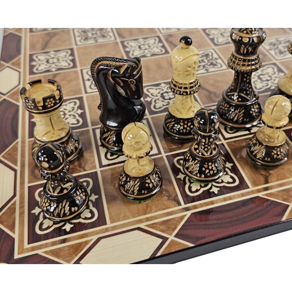 4 QN Burnt Zagreb 3 3/4" King Staunton Wood Chess Set W/ Burlwood Color Board