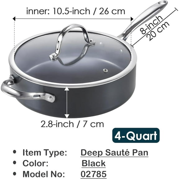 4-QT Nonstick Deep Sauté Pan with Lid, Hard Anodized Ceramic Induction Cookware, Oven Safe Skillet