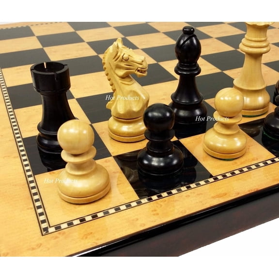 4 Qn BLACK Supreme Knight 3 3/4 King Staunton Wood Chess Set Gloss Walnut Board