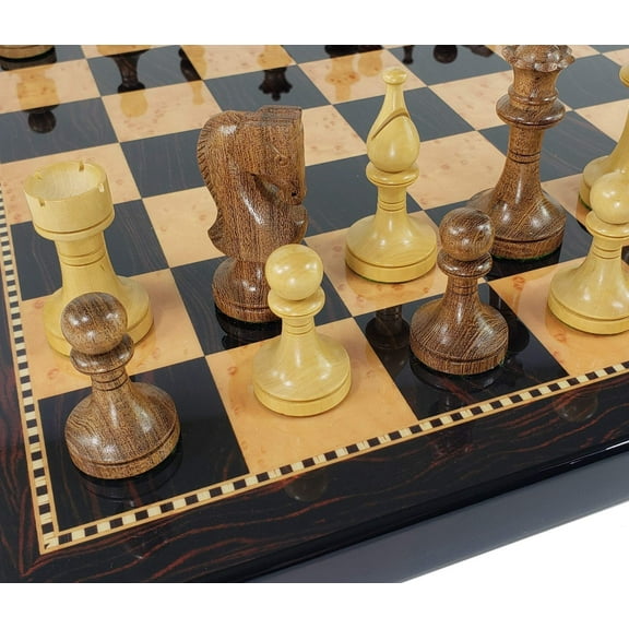4 Qns Acacia 3 1/2" Staunton Wood Chess Set 18" Dark Walnut Maple Color Board