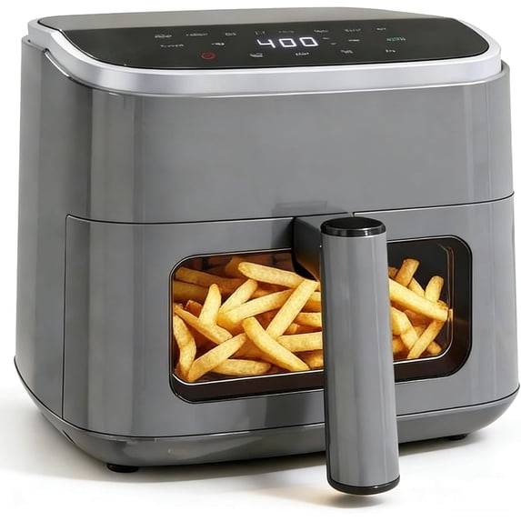 4 Qt Air Fryer with Visible Window, 8-in-1 Digital Controls, 1500W, Nonstick Dishwasher-Safe Basket, 60-Min Timer, Grey