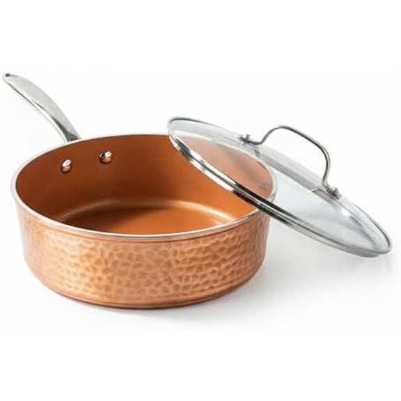 4 Qt Saute Pan with Lid, Large Nonstick Skillet for Cooking, 12” Hammered Deep Frying Pan, Family Sized Pans, Ceramic Coating for Sauce, Induction Ready Oven & Dishwasher Safe, Non Toxic