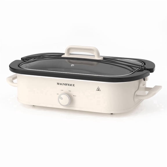 4 Qt Square Manual Slow Cooker with Ceramic Stoneware & Glass Lid, Oatmeal