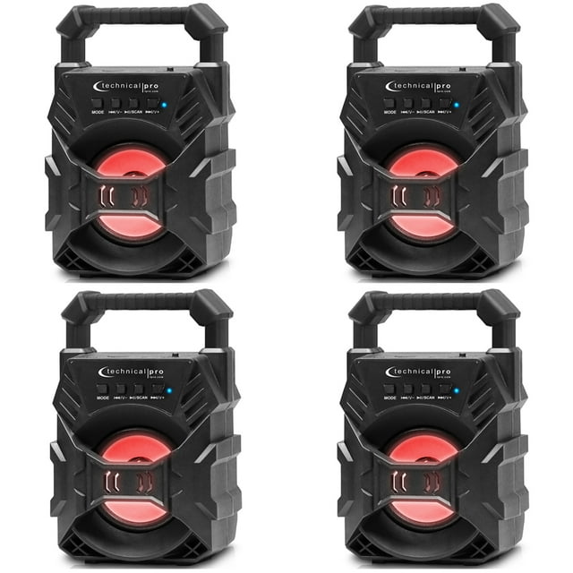 (4 Qty) Technical Pro Portable Rechargeable Compact Bluetooth Speaker with LED/USB/FM/TF, Lightweight, Perfect for Home,