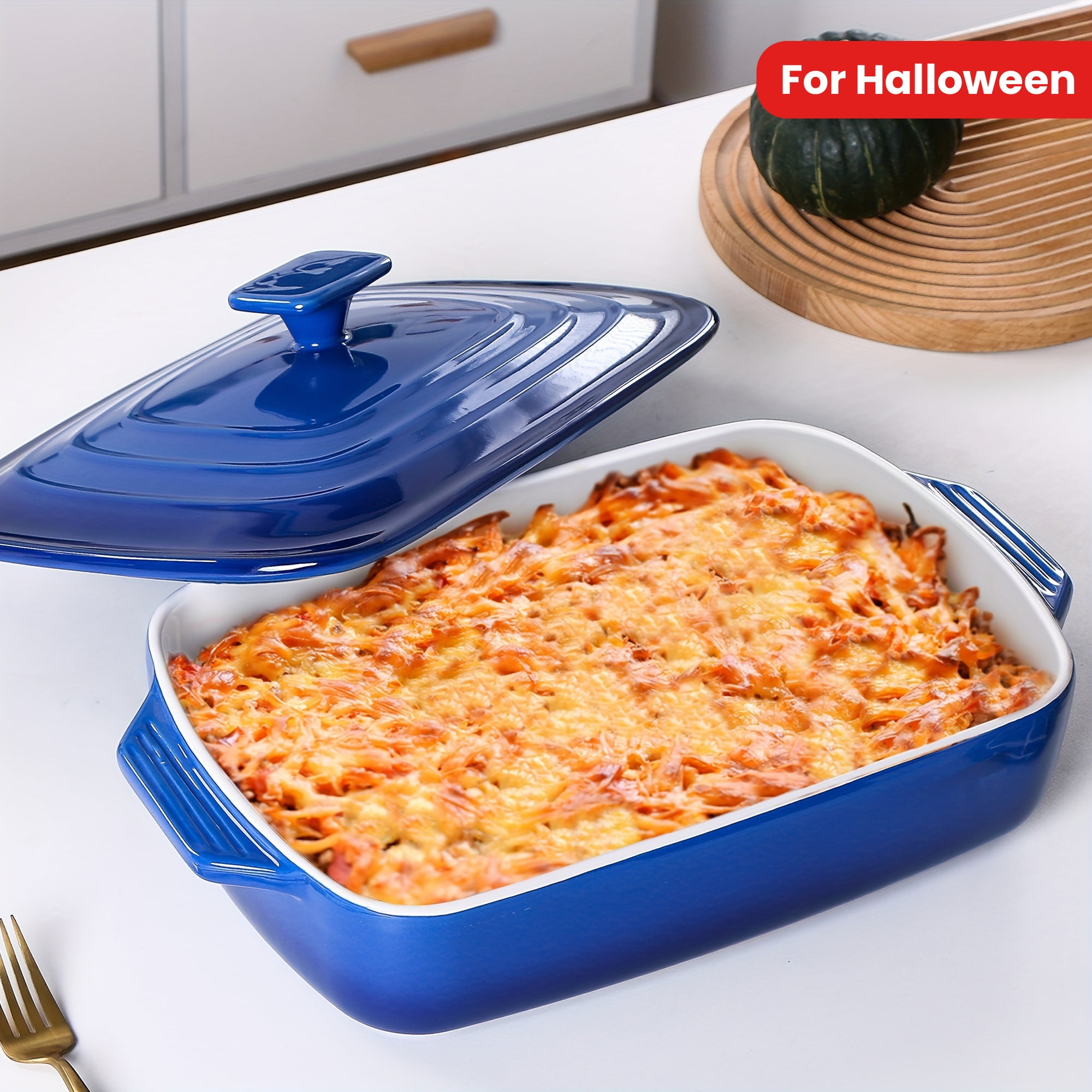 Lid 13x9 Stoneware Baking Dish 4-Quart Blue Ceramic Casserole Dish