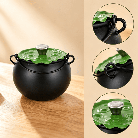 4-Quart Halloween Cauldron Pot with Green Bubbling Lid, Cast Iron Witch Cauldron Cooking & Serving Pot, Spooky Halloween Kitchen Cookware for Soup Stew Sauce Desserts
