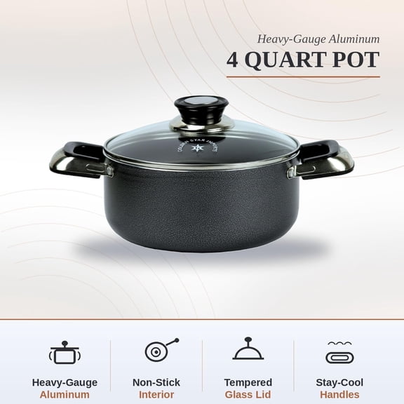 4-Quart Nonstick Aluminum Cooking Pot with Tempered Glass Lid, Multi-Purpose Cookware Aluminum Dutch Oven for Braising, Boiling, Stewing