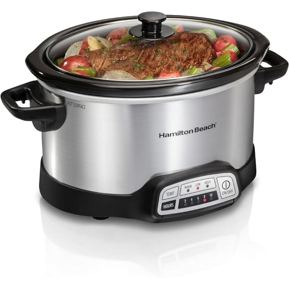 4 Quart Programmable Slow Cooker with Flexible Easy Programming, 5 Cooking Times, Dishwasher-Safe Crock & Lid, Silver (33443)