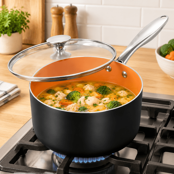 4 Quart Saucepan with Lid - Ultra Nonstick Sauce Pan with Ceramic Coating, 4 Qt Non Stick Pot Induction Compatible, Copper