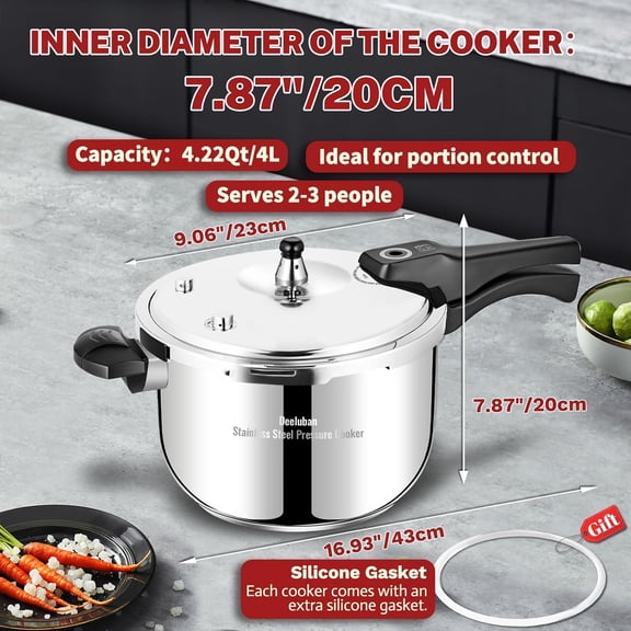 4 Quart Stainless Steel Pressure Cooker for All Stovetops Induction Compatible with Safety Valve