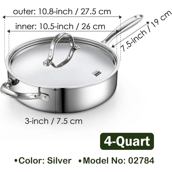 4-Quart Stainless Steel Sauté Pan with Lid, 10.5-inch Deep Frying Pan Induction Cookware