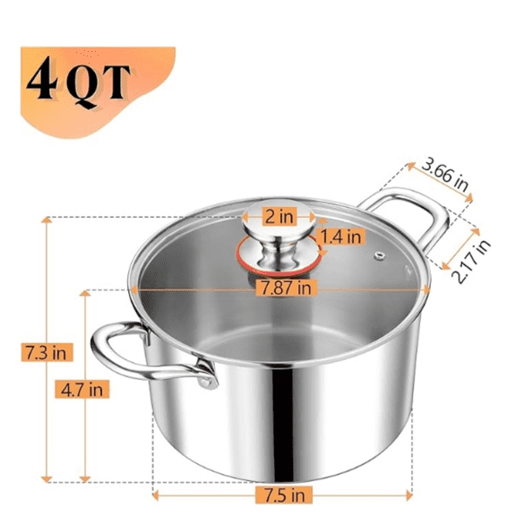 4 Quart Stockpot with Lid, Stainless Steel Tri-Ply Cooking Soup Pasta Stock Pot for Gas/Induction/Electric Stoves, With Glass Cover & Two Handles, Heavy Duty & Dishwasher Safe