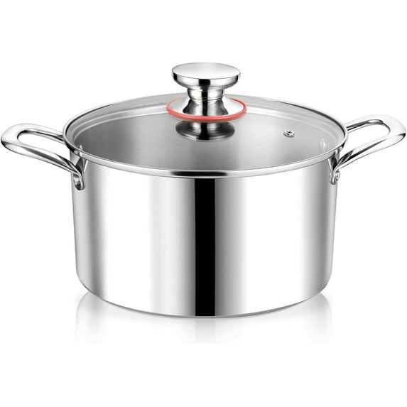 4 Quart Stockpot with Lid, Stainless Steel Tri-Ply Cooking Soup Pasta Stock Pot for Gas/Induction/Electric Stoves, With Glass Cover & Two Handles, Heavy Duty & Dishwasher Safe