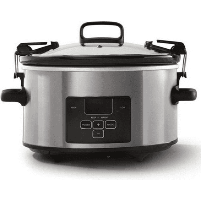 4 Quart Travel Proof Cook and Carry Programmable Slow Cooker with Locking Lid, Convenient Handles, and Digital Display, Stainless Steel