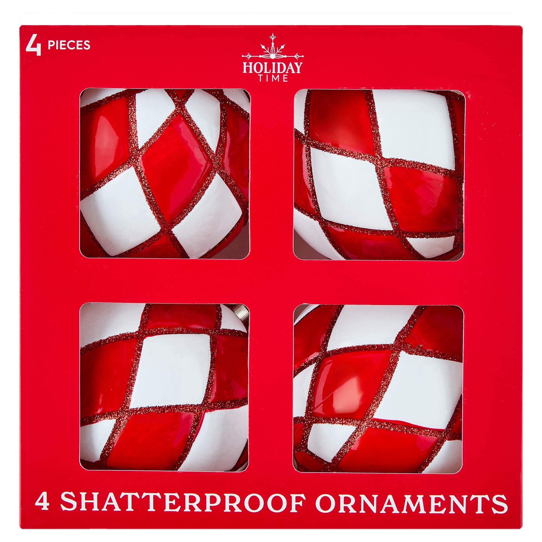 4-Count Red and White Diamond Ball Shatterproof Christmas Ornaments, 4.5", by Holiday Time