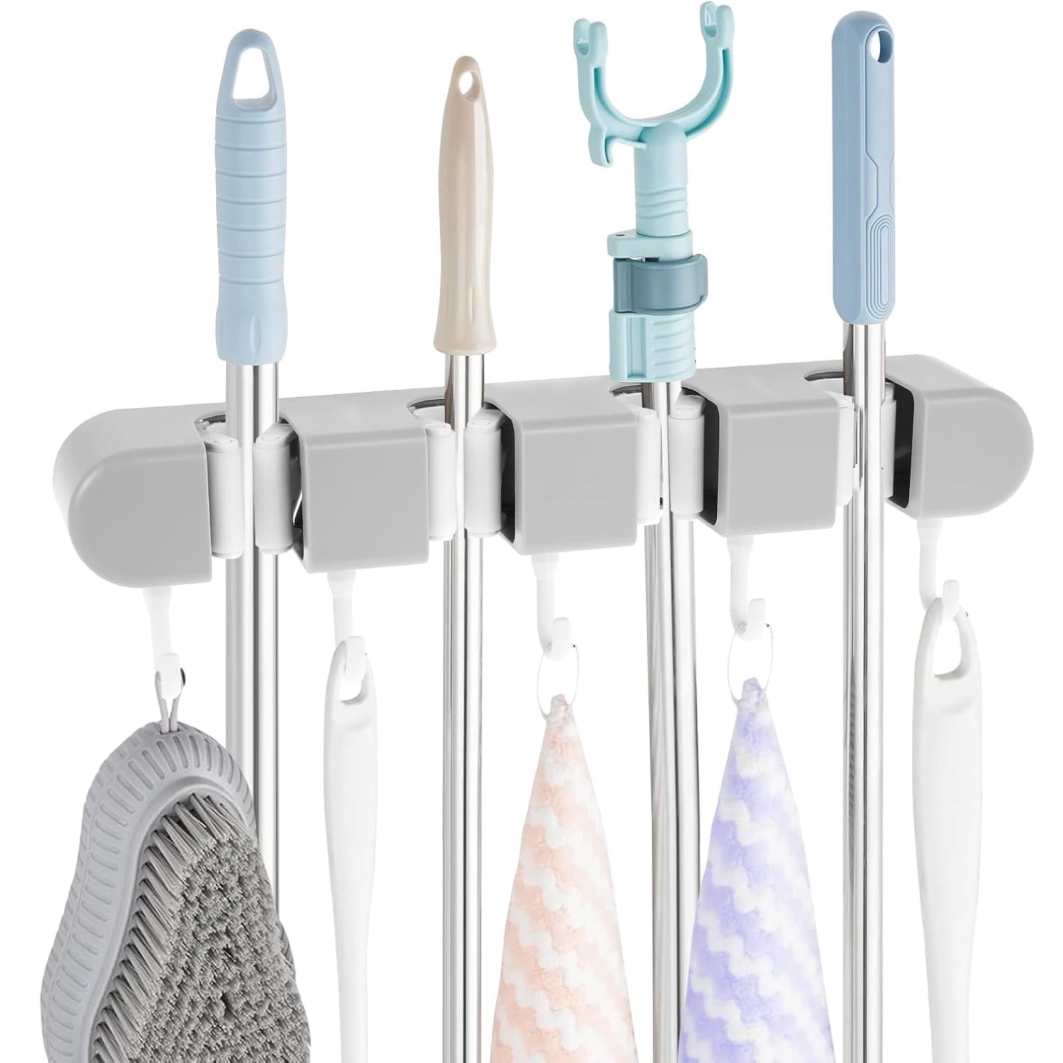 Red Broom Rack 4 Racks and 5 Hook Broom Mop Holder with Hooks Wall Mounted Broom ...