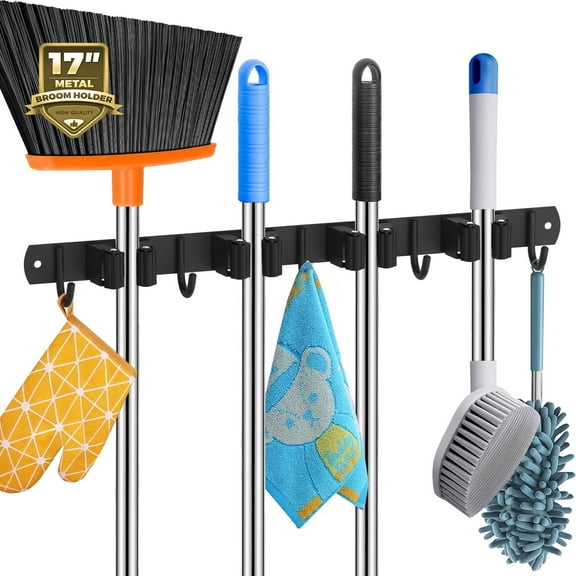 4 Racks and 5 Hooks Mop and Broom Holder Wall Mount, Self Adhesive Heavy Duty Stainless Steel Tool Organizer for Kitchen Garage Laundry Garden