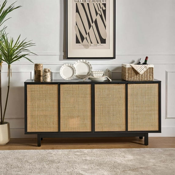 Tina's Home Modern Rattan Buffet Sideboard with 4 Doors, Bar Cabinet with LED Light and 4 Adjustable Shelves Black