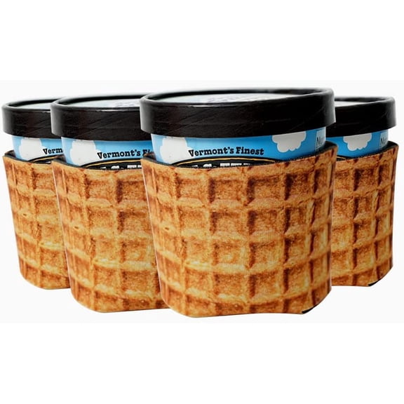 4 Realistic Waffle Cone Ice Cream Pint Sleeve. 4 Real Waffle Pre Printed Coolie. Ice Cream Pint Hugger. Coolie Packs. (4)