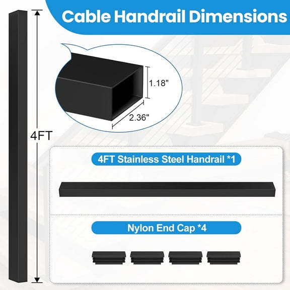 4' Rectangular Cable Railing Handrail, Black Stainless Steel Handrail with Nylon End Caps for Stair Cable Railing System, 4FT Flat Top Cuttable Deck Cable Rail Post Handrail, RG01-H
