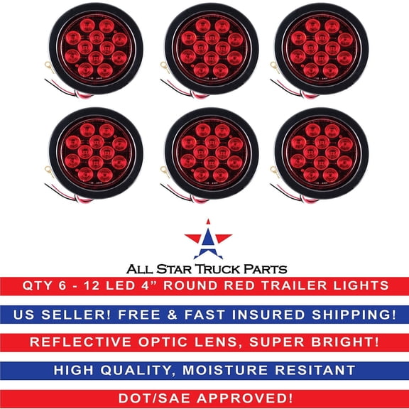 4" Red 12 LED Round Stop Turn Tail Truck Light with Grommet & Pigtail - Qty 6