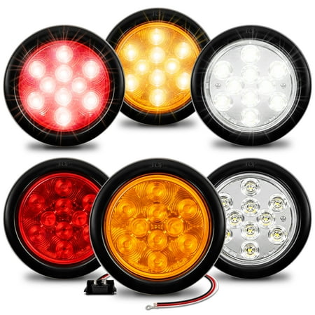 4 Red + 2 Amber + 2 White 4" Round LED Trailer Tail Light Kit [DOT Certified] [Grommets & Plugs Included] [IP67 Waterproof] Stop Brake Turn Reverse Back Up Trailer Lights For RV Truck Jeep