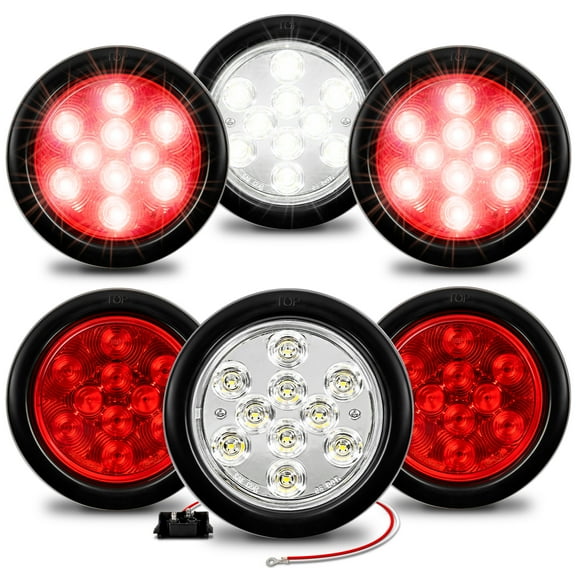 4 Red + 2 White 4" Round LED Trailer Tail Light Kit [DOT Certified] [Grommets & Plugs Included] [IP67 Waterproof] Stop Brake Turn Reverse Back Up Trailer Lights For RV Truck Jeep