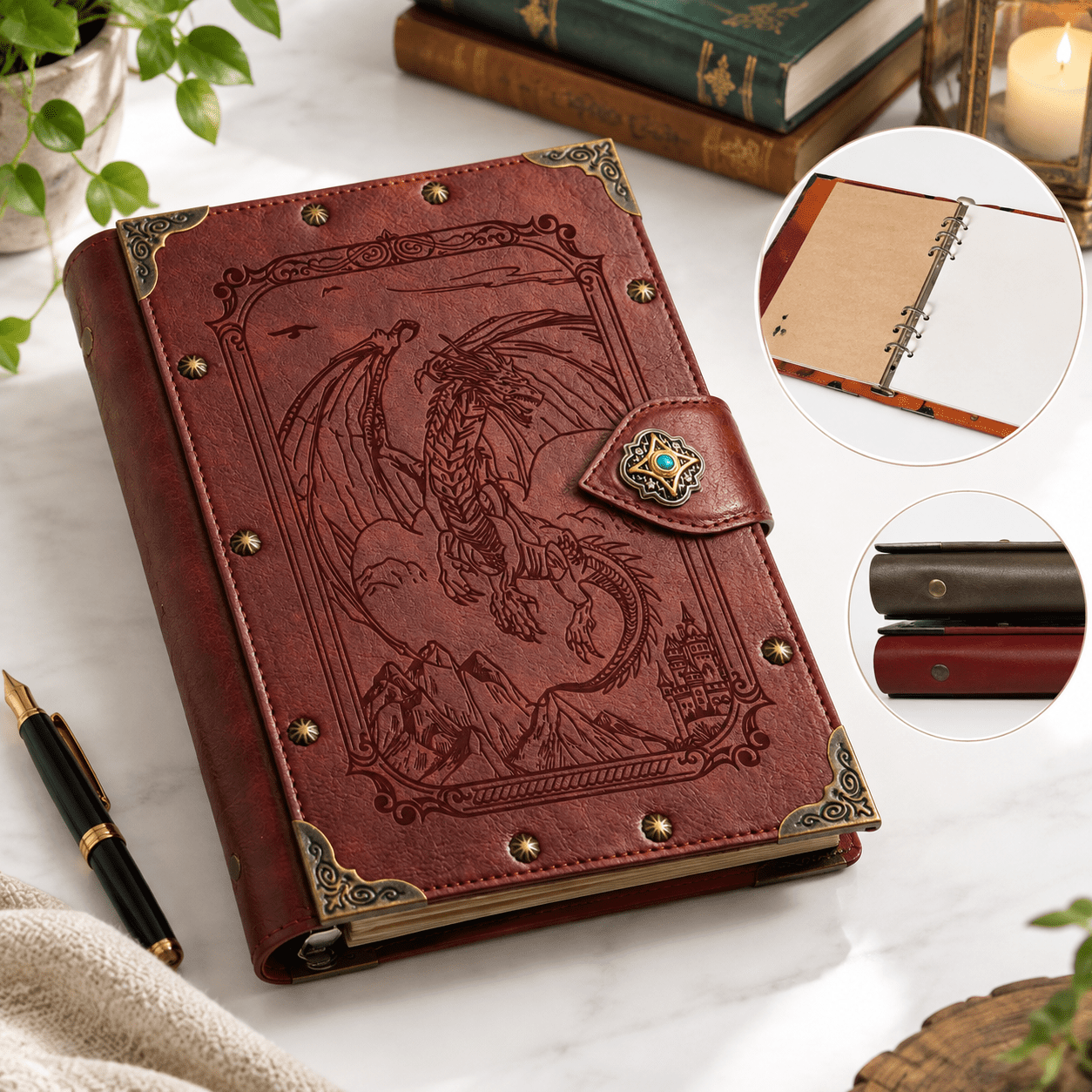 4-Red-FlyingDragon A5 Refillable Blank Dragon Embossed Leather Journal ...