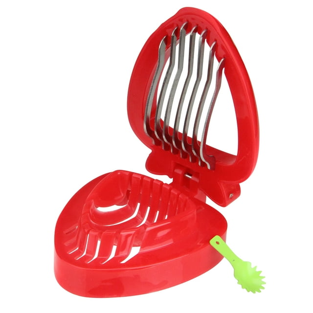 4" Red and Silver Strawberry Slicer with a Lime Green Huller