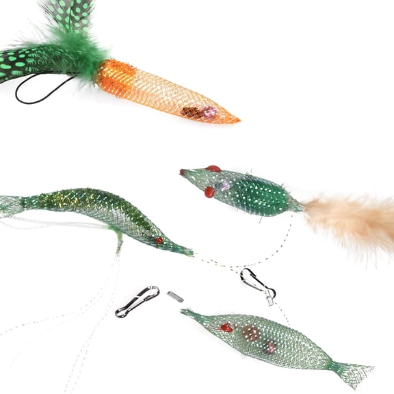 4 Refills Set for Cat Wand Toy - Carrot, Shrimp, Mouse, Fish, with Natural Feathers, Soft & Elastic, Shiny Mesh, Ideal for Interactive Cat Play