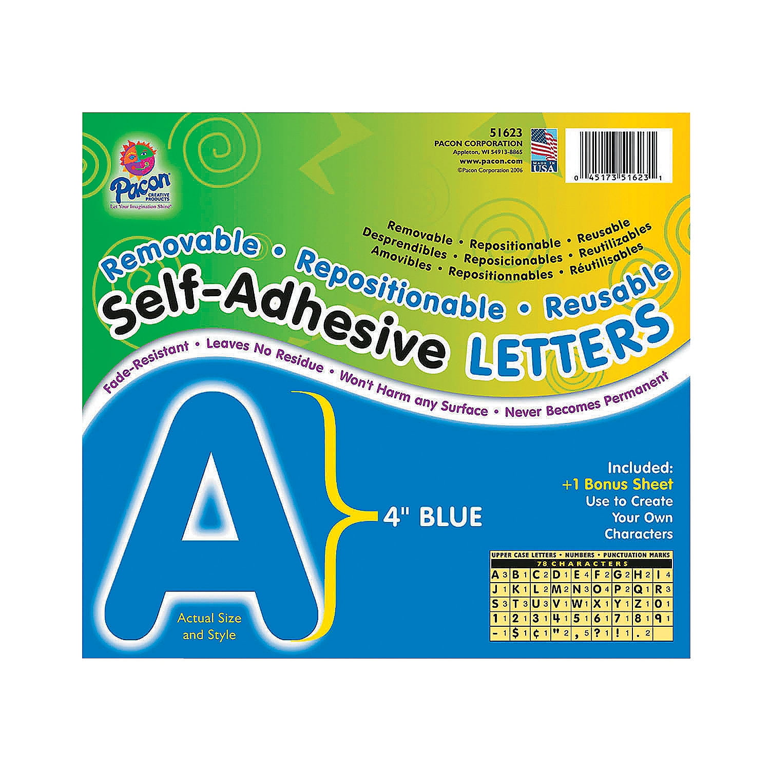 4" Removable Adhesive Letters Blue Educational 78 Pieces