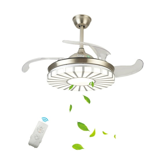 4 Retractable Blades Chandelier Fan With Remote Control, Modern 42Inch 3 speed LED Ceiling fan With LED Light, Silver, Acrylic Lampshade