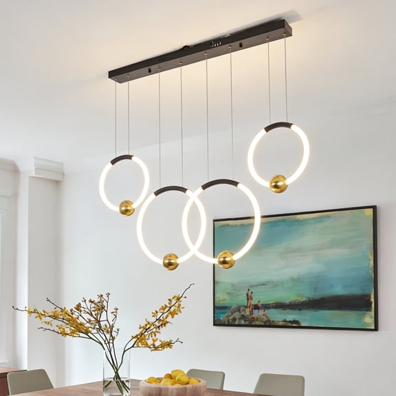 4 Rings Black Gold Acrylic Linear Chandelier, 3 Color Temperature Adjustable Hanging Lamp, Modern Long Bar Chandelier for Kitchen Island Dining Table Living Room Restaurant Home Decor