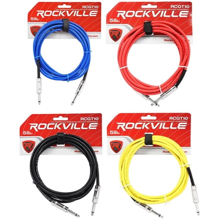 4 Rockville 10' 1/4" TS to 1/4'' TS Guitar/Instrument Cable (4 Colors)