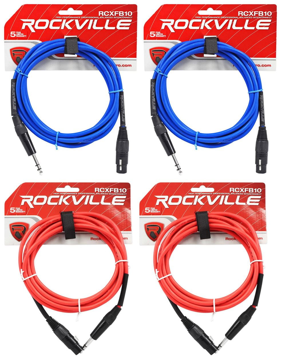 4 Rockville 10' Female Rean XLR to 1/4'' TRS Cables (2 Red and 2 Blue)