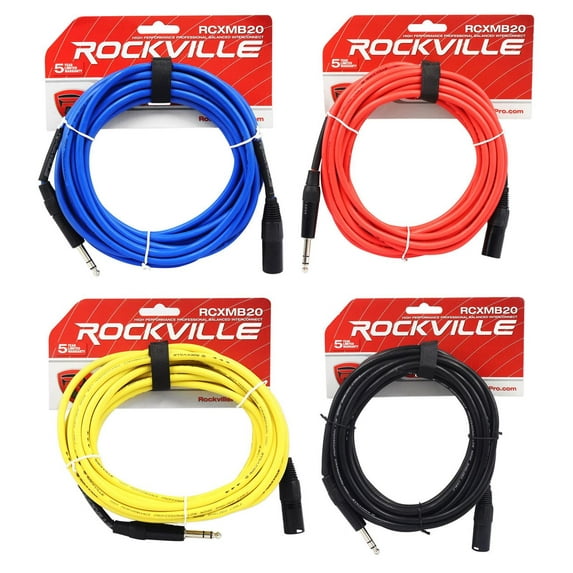 4 Rockville 20' Male REAN XLR to 1/4'' TRS Balanced Cable OFC (4 Colors)