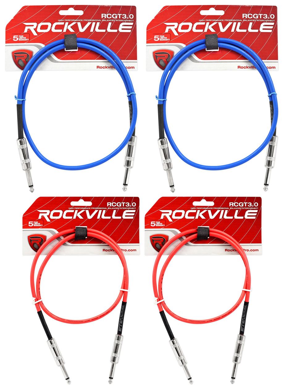 4 Rockville 3'  1/4" TS to 1/4'' TS Guitar/Instrument Cable (2 Red and 2 Blue)
