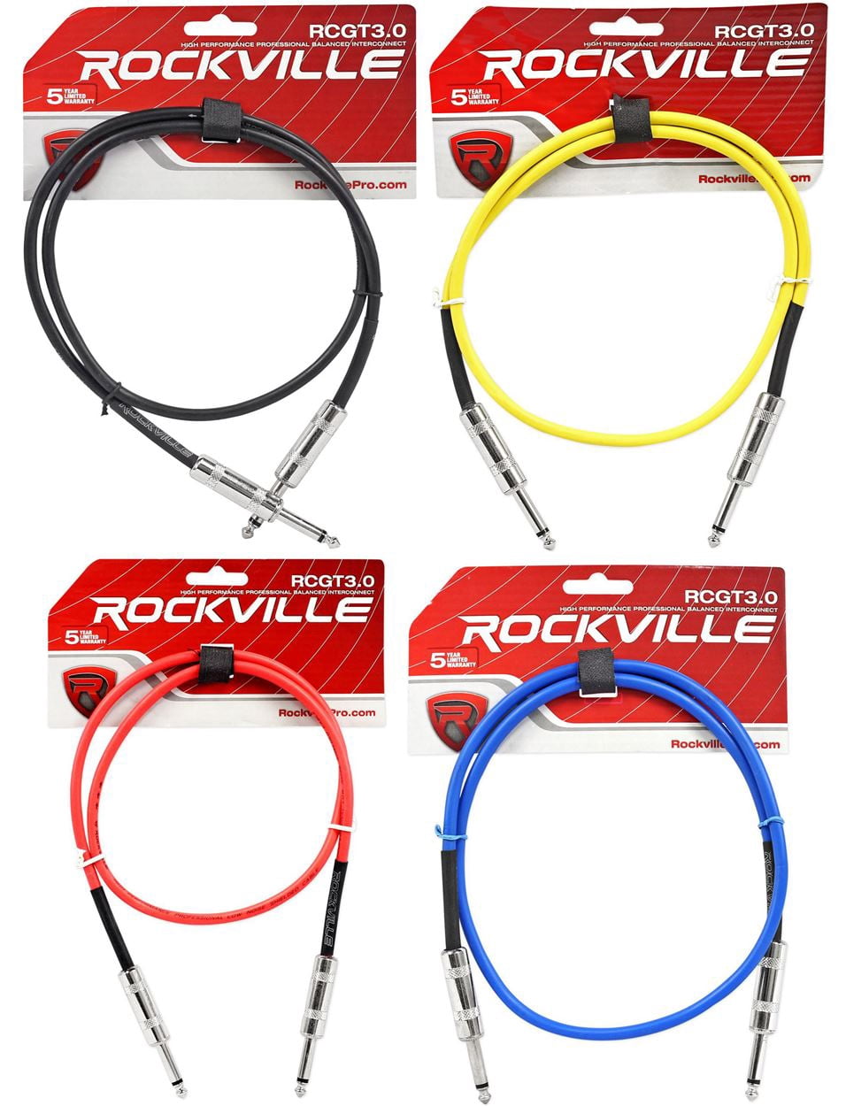 4 Rockville 3'  1/4" TS to 1/4'' TS Guitar/Instrument Cable (4 Colors)
