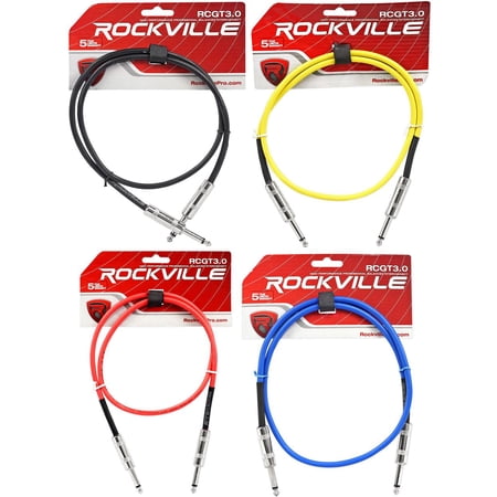 4 Rockville 3' 1/4" TS to 1/4'' TS Guitar/Instrument Cable (4 Colors)