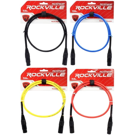4 Rockville 3' Female to Male REAN XLR Mic Cable 100% Copper (4 Colors)